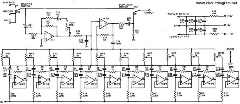 Skema Equalizer 31 Band untuk Ampli Lapangan, 20 Channel, 2x10 kanal stereo